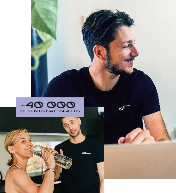 Montage photo de nos équipes de support client et de clients satisfaits